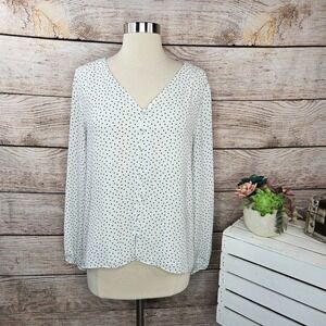 White‎ House Black Market Polka Dot Blouse Button Detail Long Sleeve 10P